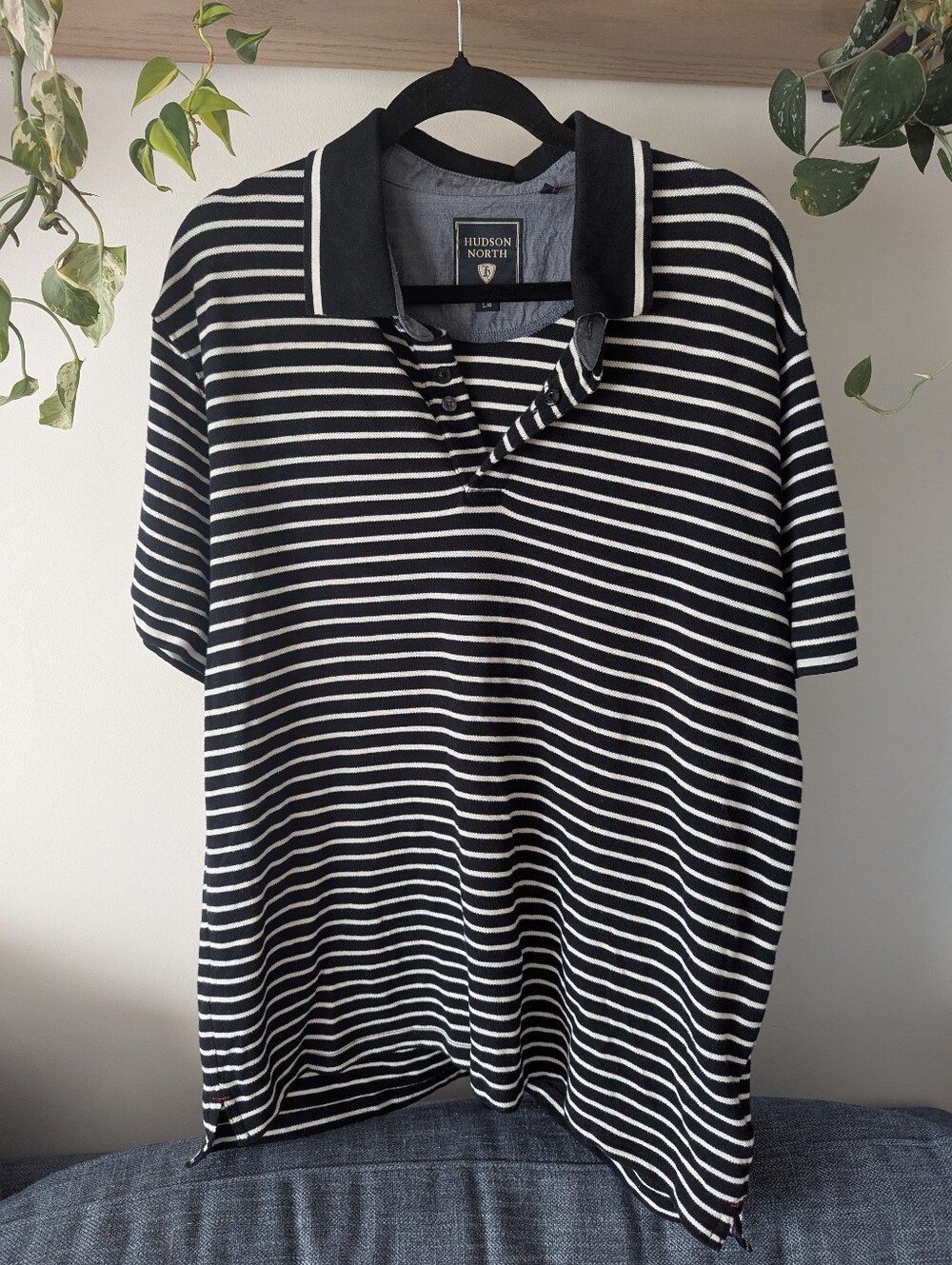 Hudson North Men's Black White Striped Polo Shirt Preppy Size Large